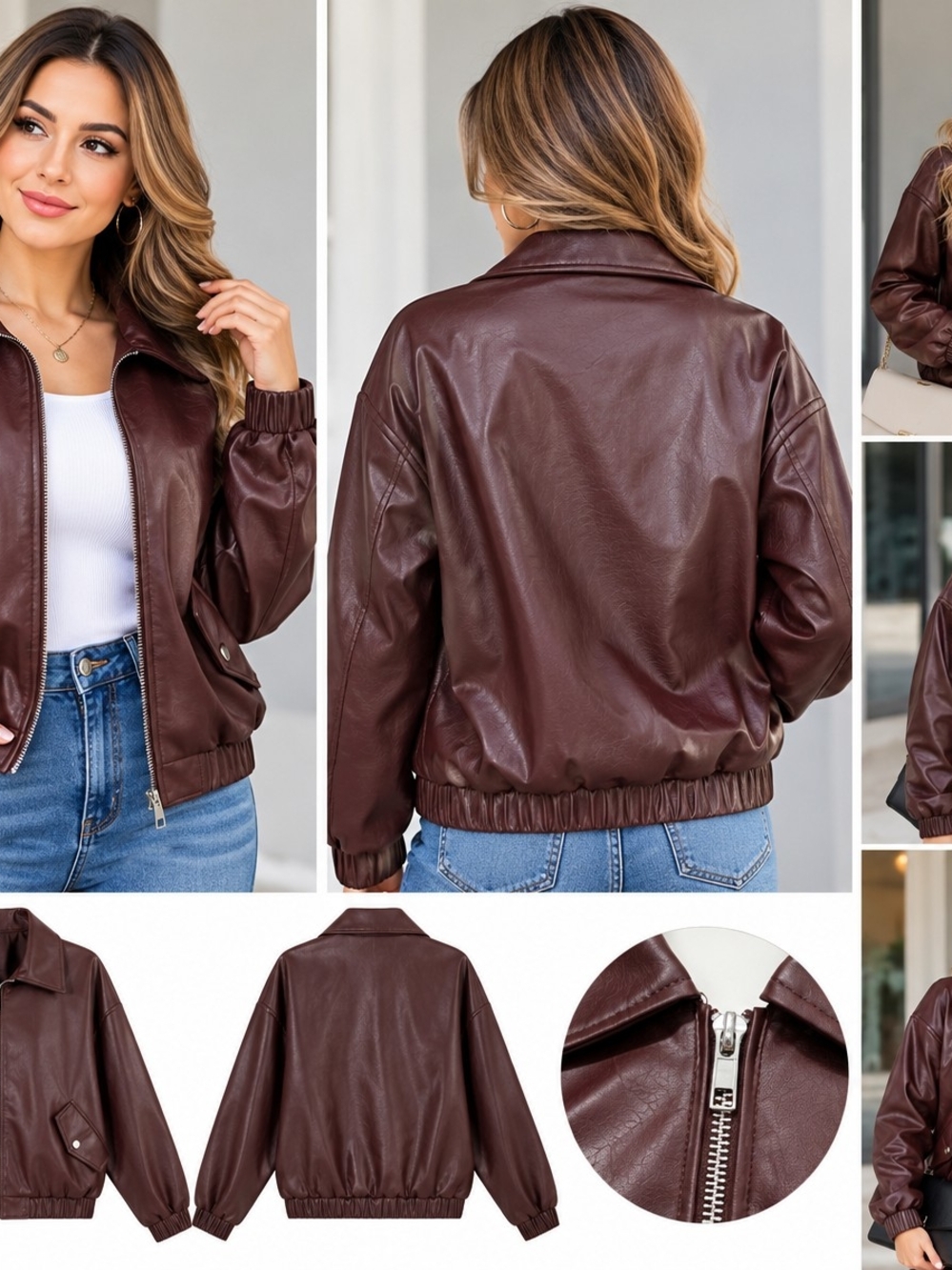 iris Brown Faux Leather Bomber Jacket